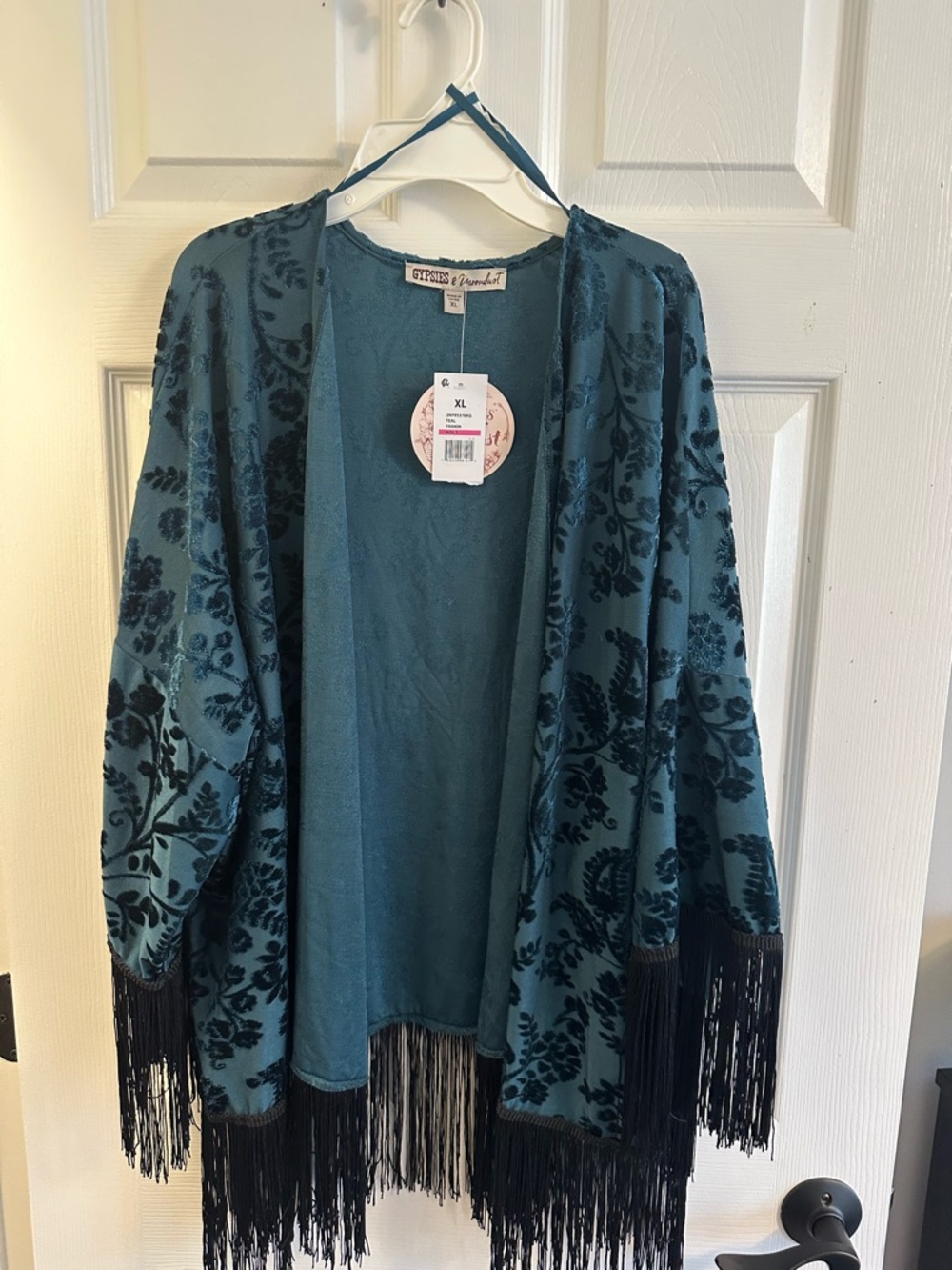 Gypsies & Moondust Teal Velvet Flocked Fringe Kimono